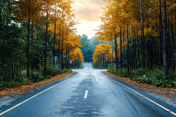 Obraz premium Road with trees on both sides and a sign on the side. The road is wet and the sky is cloudy