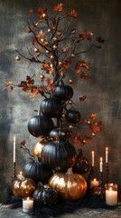 Naklejka premium Black and gold pumpkins and candles creating a spooky halloween scene