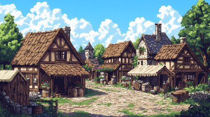 A bustling medieval village with thatched-roof cottages and market stalls , pixel art, game assets. Medieval Artisan Market. Illustration