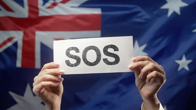 Female Hands With Sos, Alarm, Emergency Card On Australian Flag Backdrop. Australia, labor exploitation, migrants, refugees, human resources, request for help, environmental care
