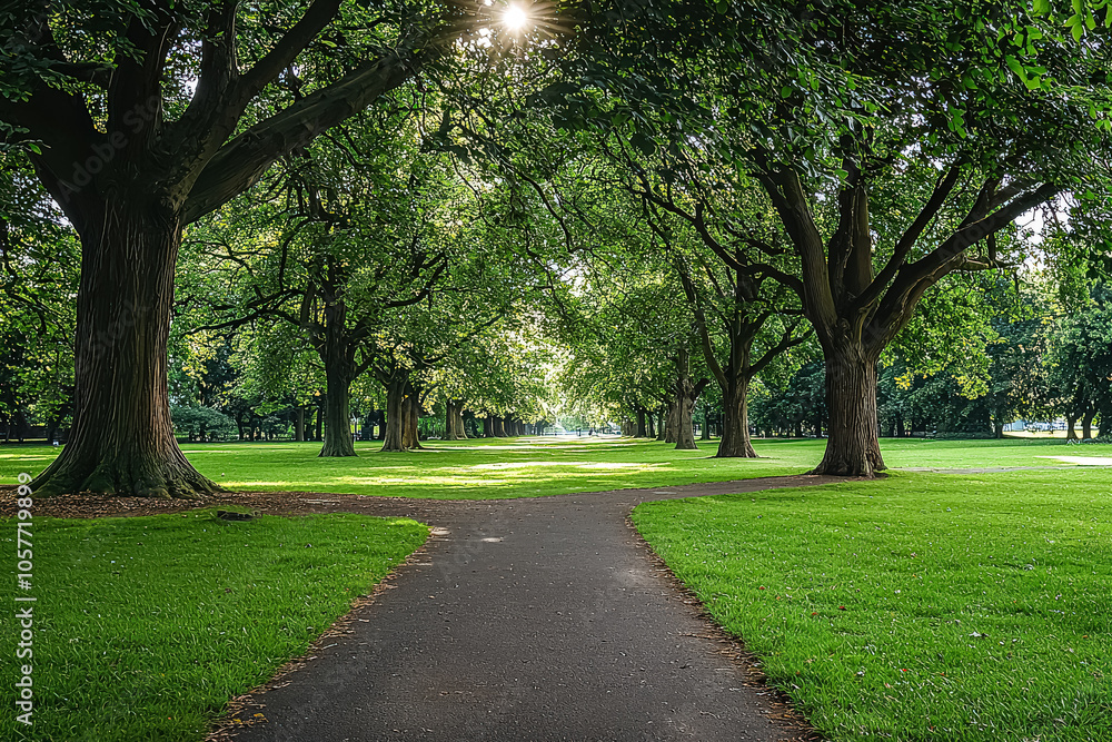 Aufkleber path in a park with trees on either side. the path is surrounded by grass and is shaded by the trees