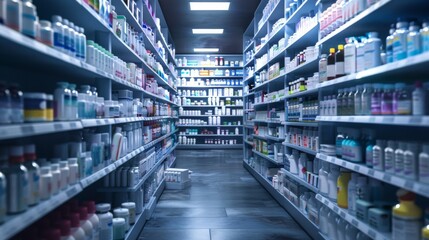 Pharmacy Aisle Filled with Various Medical Products