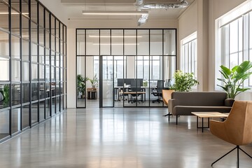 Obraz premium Modern Minimalistic Concrete Coworking Office room with Blank Walls, High Ceilings,and Mockup Frame