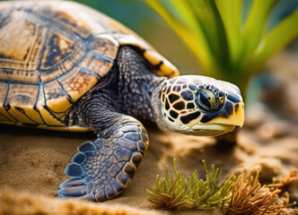 Fototapeta premium Tortuga marina descansando sobre el suelo marino arenoso, rodeada de vegetación acuática.