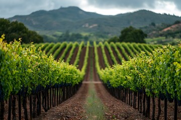 Obraz premium Lush vineyard rows stretch across rolling hills under cloudy skies