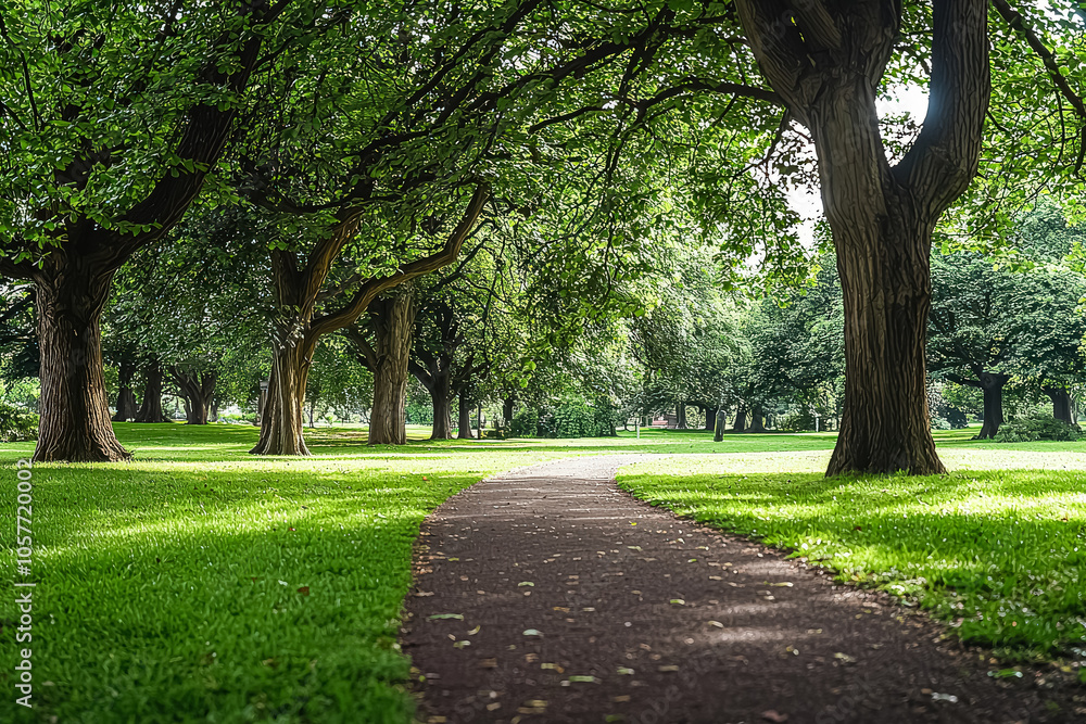 Poster path in a park with trees on either side. the path is surrounded by grass and is shaded by the trees