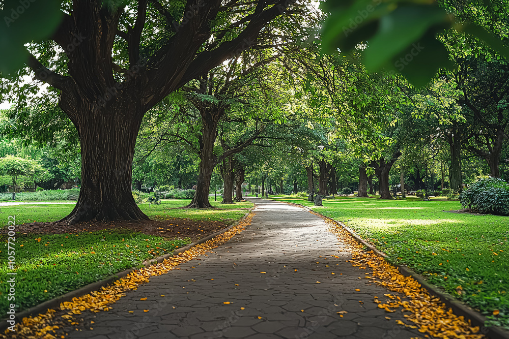 Poster path in a park with trees and a bench. the path is lined with leaves and the trees are green