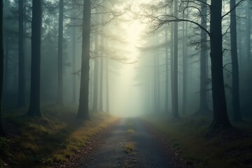 Fototapeta premium Enchanting misty forest pathway capturing serenity and calmness for nature and meditation themes.