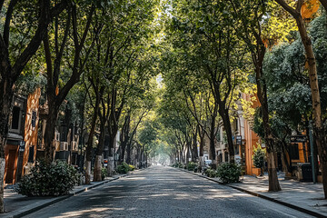 Naklejka premium Street with a row of trees and cars parked on the side. The street is empty and the trees are green