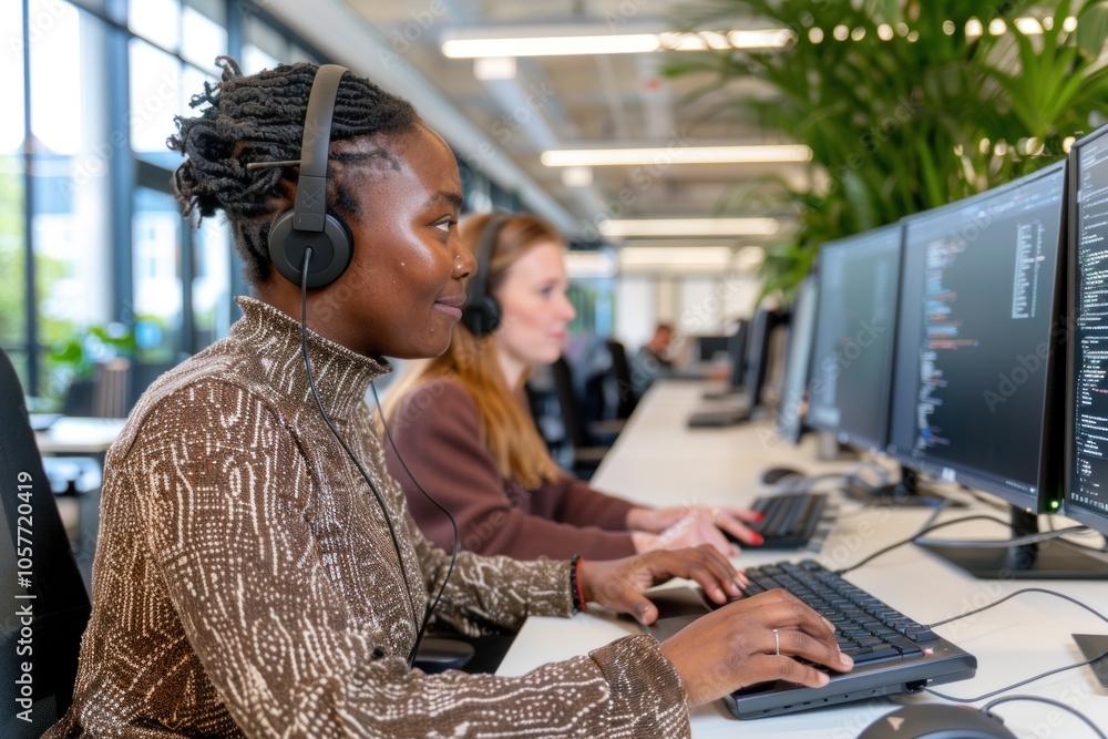 Poster diverse software developers collaborating in modern office environment