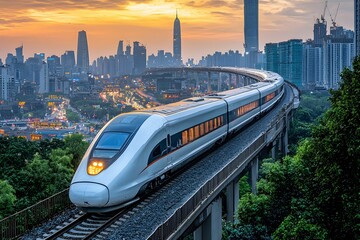 Naklejka premium High-speed train on elevated track amidst city skyline at sunset