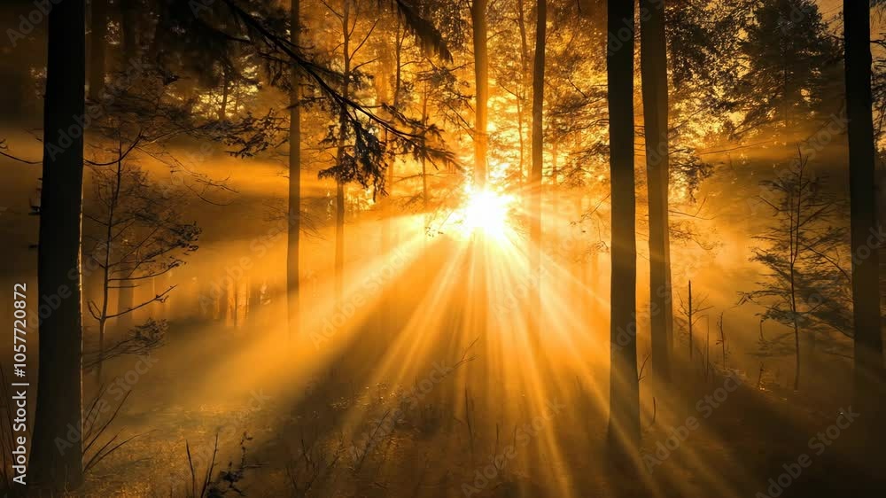 Aufkleber sunlight streams through the trees in a foggy forest, creating a magical atmosphere