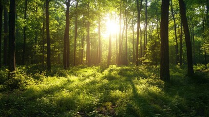 Obraz premium A forest with a bright sun shining through the trees