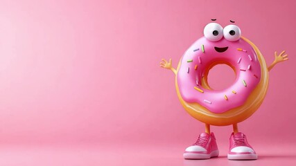 A friendly donut character with big eyes and pink icing smiles while standing on a pink background, inviting fun and sweetness