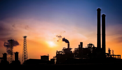 A silhouette of a factory skyline at dusk with industrial chimneys, warehouses, and cranes against a warm, gradient sky, evoking an industrial yet tranquil scene.