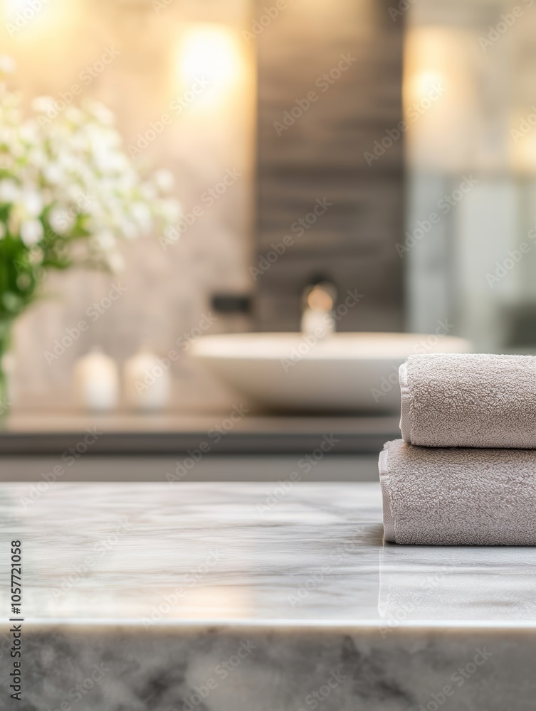 Poster for product display, an empty marble top table with a blurred background of a bathroom