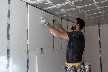 Worker applying drywall sheets to the ceiling of a new construction