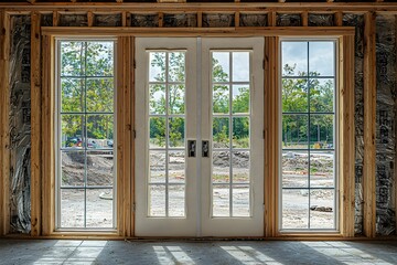 Bright view from a new home under construction with large windows