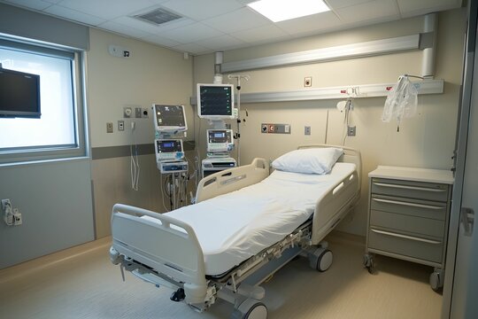 Clean hospital room with medical equipment and an empty bed