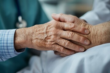 Fototapeta premium Doctor touching hands to encouragement mental of elderly patient after surgery at bed in hospital, Generative AI