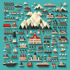 Fototapeta premium Colorful Geometric Landscape with Mountains and Boats