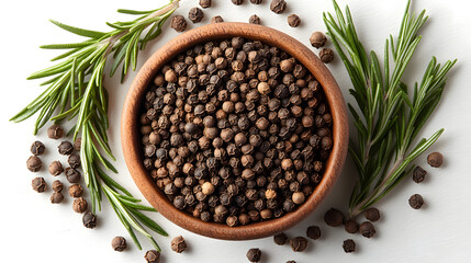 Elegant Top-Down Perspective of Cubeb Peppercorns with Ground Spice Center and Fresh Rosemary for Culinary Aesthetic