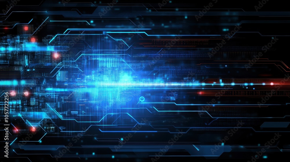 Fototapete Futuristic digital interface with abstract blue light effects and high-tech elements in a dark background for modern technology themes