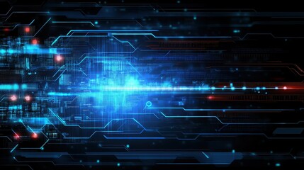 Futuristic digital interface with abstract blue light effects and high-tech elements in a dark background for modern technology themes