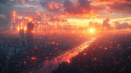 A breathtaking cyberpunk cityscape at sunset, showcasing a vibrant skyline bathed in warm, futuristic hues.