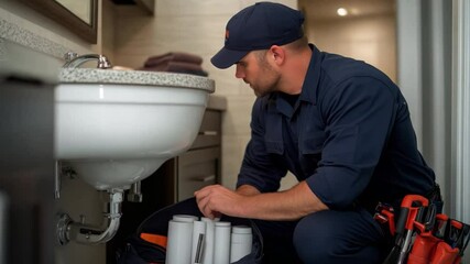 A plumber is repairing a bathroom sink, focusing on pipe connections and arranging tools in a bag nearby