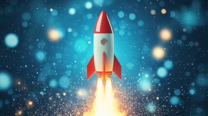 A colorful rocket launches into a vibrant blue background filled with glowing particles, symbolizing innovation and exploration.