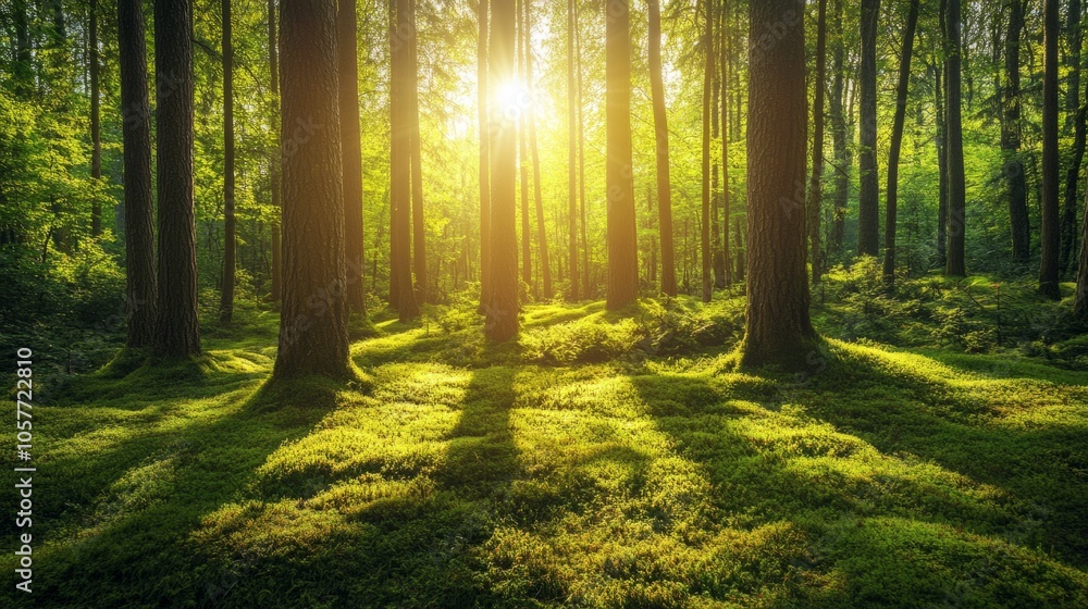 Poster a forest with trees and grass in the foreground