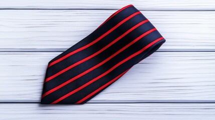 Obraz premium A striking black and red striped necktie resting on a light gray wooden surface, perfect for a Cyberpunk-inspired theme