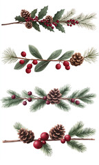 Various festive branches with pinecones and red berries, white isolated background