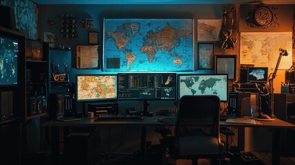 Tactical Operations Center with World Maps and Screens