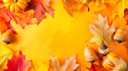 Autumn leaves and acorns on vibrant yellow background