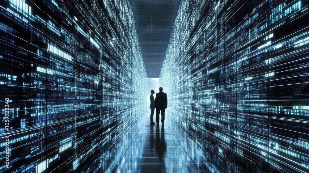 Poster exploring the digital frontier a journey through data and technology in a futuristic environment