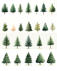 Obraz premium Various green trees and leaves on a white isolated background.