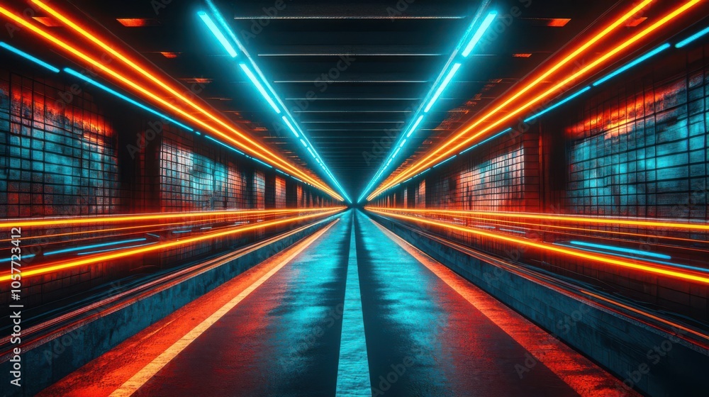 Poster vibrant tunnel with dynamic light trails, creating a sense of speed and motion against a dark backgr