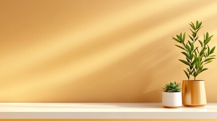 Stylish minimalist display of potted cacti and succulents on a white shelf against a pastel beige background