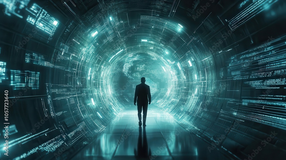 Poster exploring the depths of the digital realm a journey through a futuristic portal of technology and in
