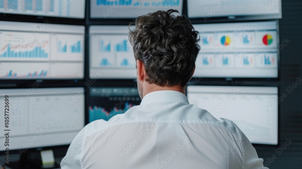 Poster financial analyst monitoring data on multiple screens in office