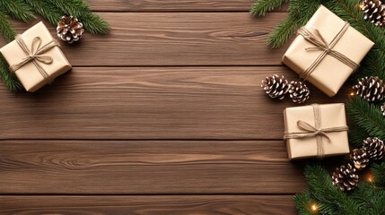 A cozy rustic Christmas setting with gift boxes and twinkling garland lights on a warm wooden table, perfect for holiday greetings