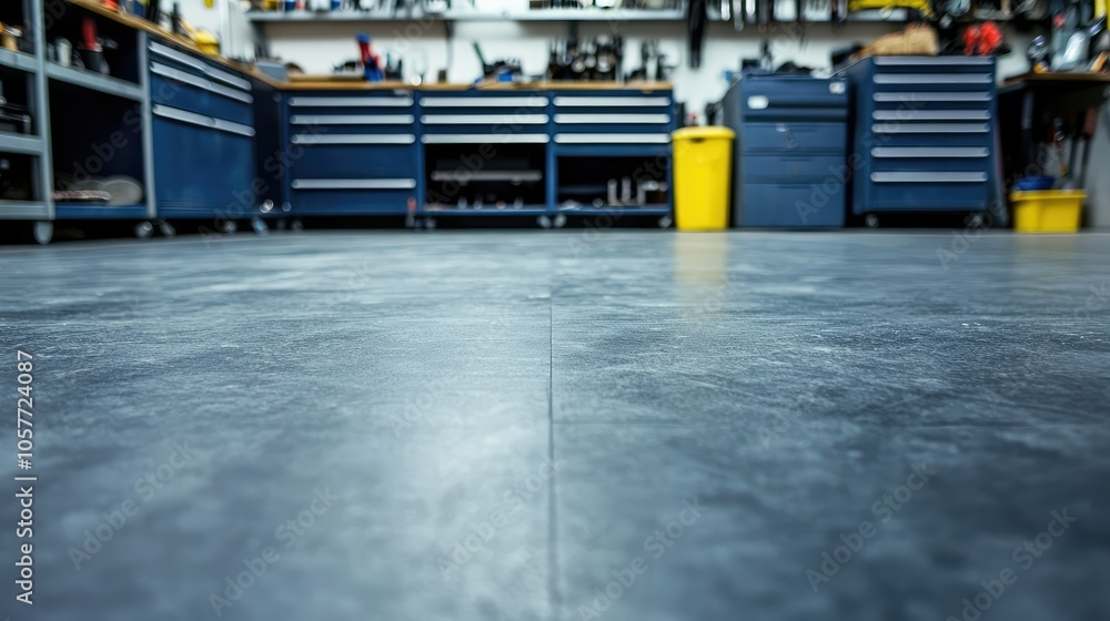 Poster empty workshop floor with tools in background