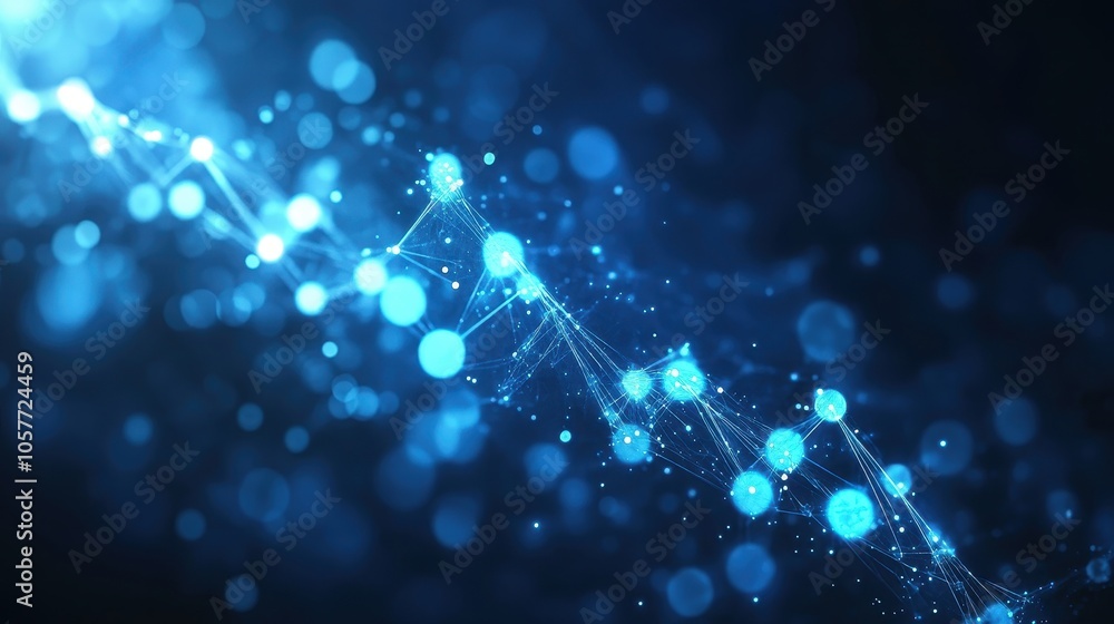 Poster exploring the intricate dance of light and connectivity in a digital universe of blue particles and 
