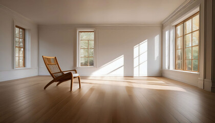A spacious, minimalist room featuring white walls and large windows that fill the space with soft natural light. Includes a simple wooden table and chairs, emphasizing elegance and calm.