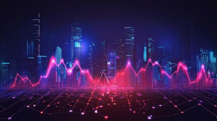 Vibrant data visualization over urban skyline a stunning representation of modern technology and analytical insights in a digital world