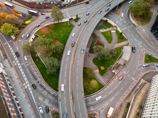 Cars driving on overpass and roundabout in birmingham city centre