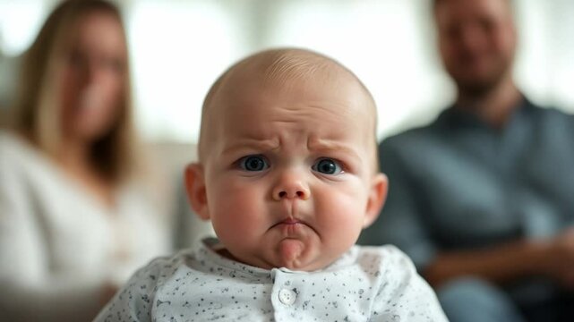 A baby sits displaying a comical displeased expression while parents are visible on the blurred background, creating a funny atmosphere