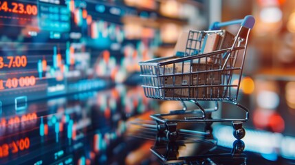 Mini Shopping Cart with Financial Data Background